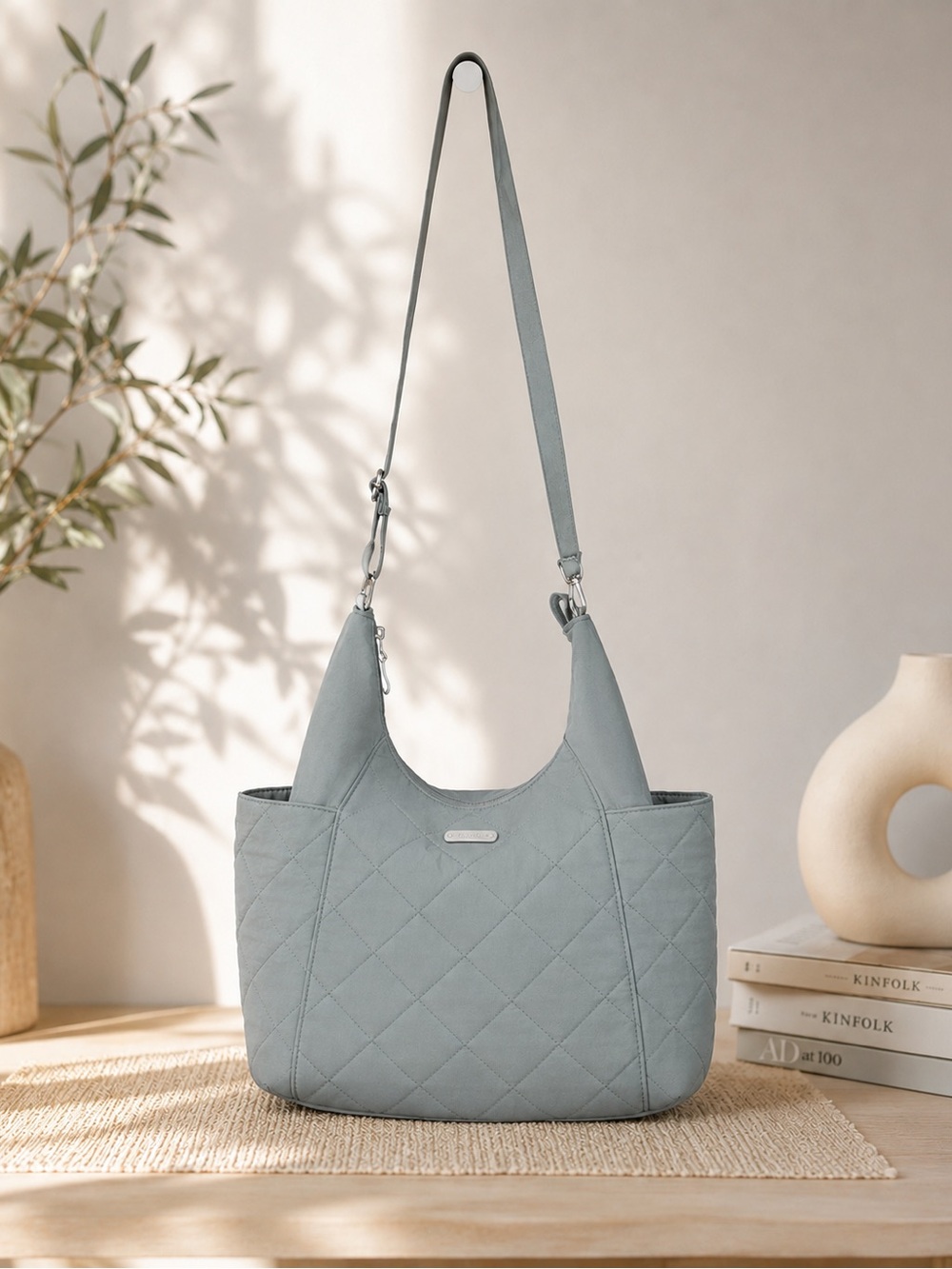 Baggallini Quilted Shoulder Bag Blue Gray Lightweight Crossbody Hobo Travel Purs